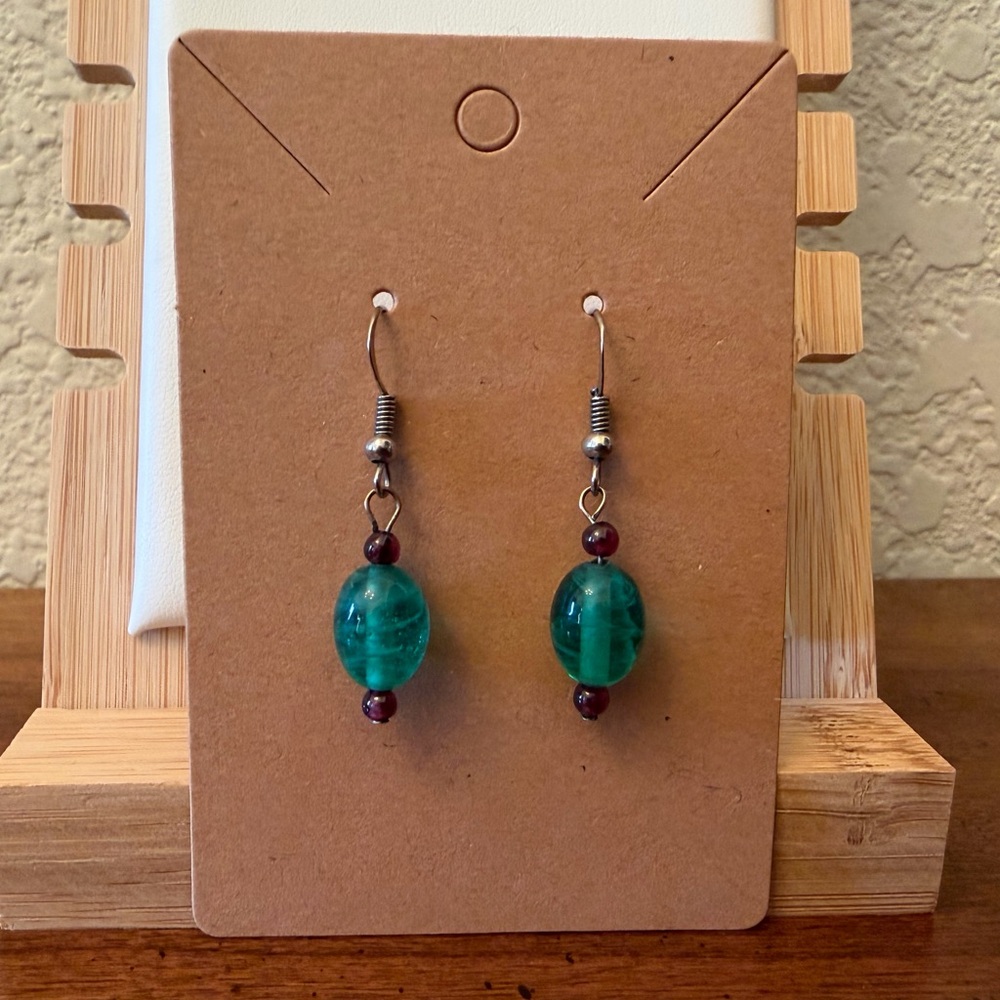 Green Bead Drop Earrings - Unbranded
